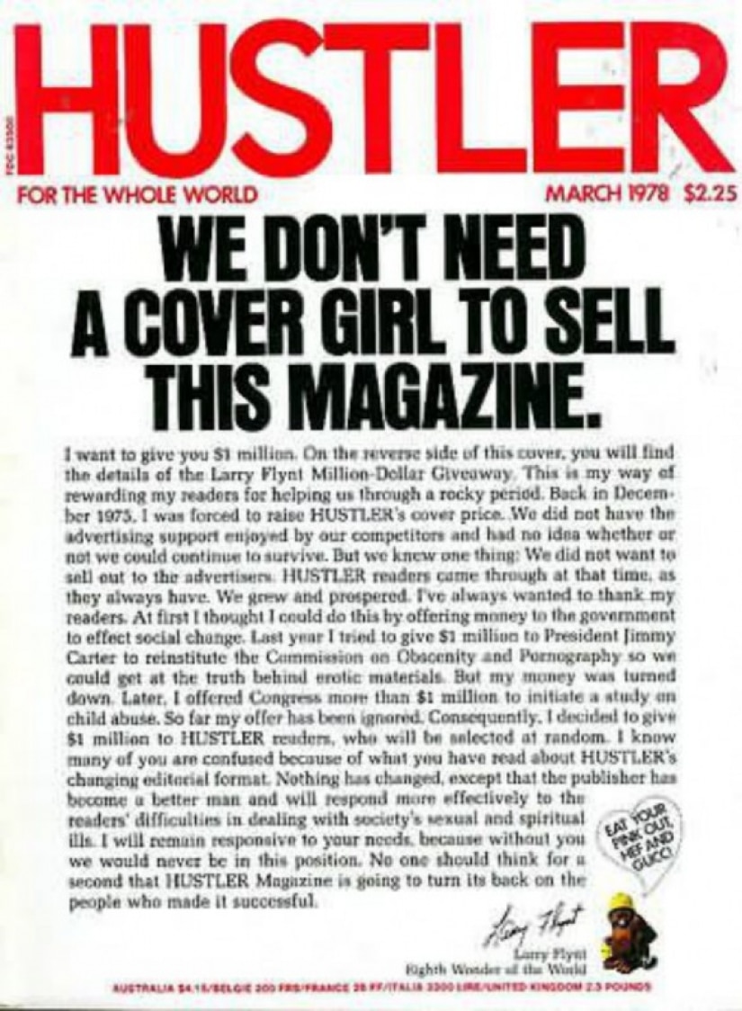 בלי נשים על השער, רק מכתב אישי לקוראים מהמו"ל, שער מגזין HUSTLER, מרץ 1978