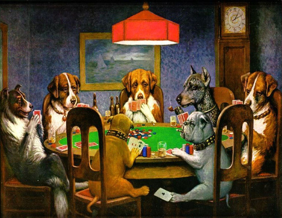 "עזרה לחבר", אחד מסדרת ציורי "כלבים משחקים פוקר" של קסיוס מרסלוס קולידג'. רפרודוקציות של הסדרה נמצא בפארטיות בכל העולם